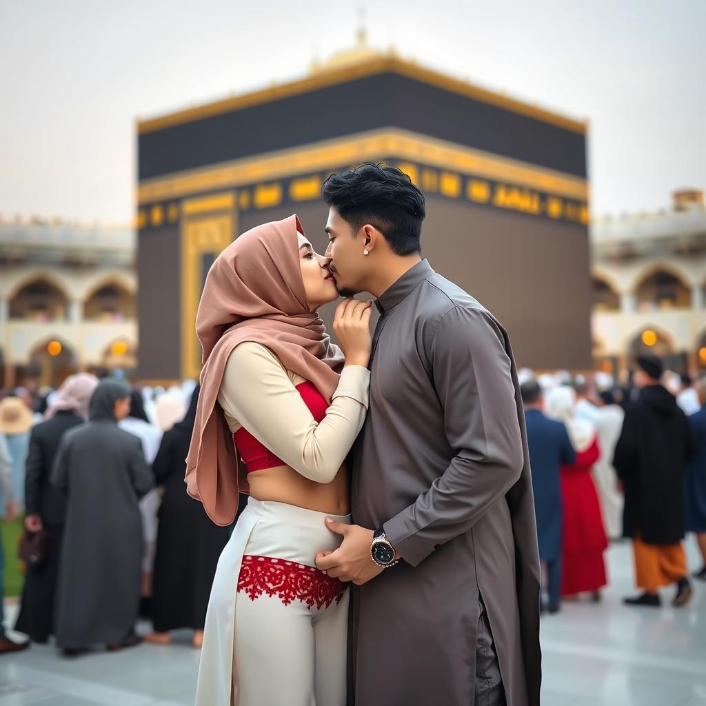 A romantic scene featuring a Muslim couple in front of the Kaaba, with the girl wearing a stylish hijab and a red bra and panty set, and the boy in traditional Muslim attire