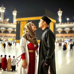 A romantic scene featuring a Muslim couple in front of the Kaaba, with the girl wearing a stylish hijab and a red bra and panty set, and the boy in traditional Muslim attire