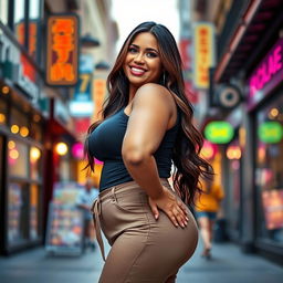 A curvy woman with a voluptuous figure, posing confidently in a stylish outfit that accentuates her curves