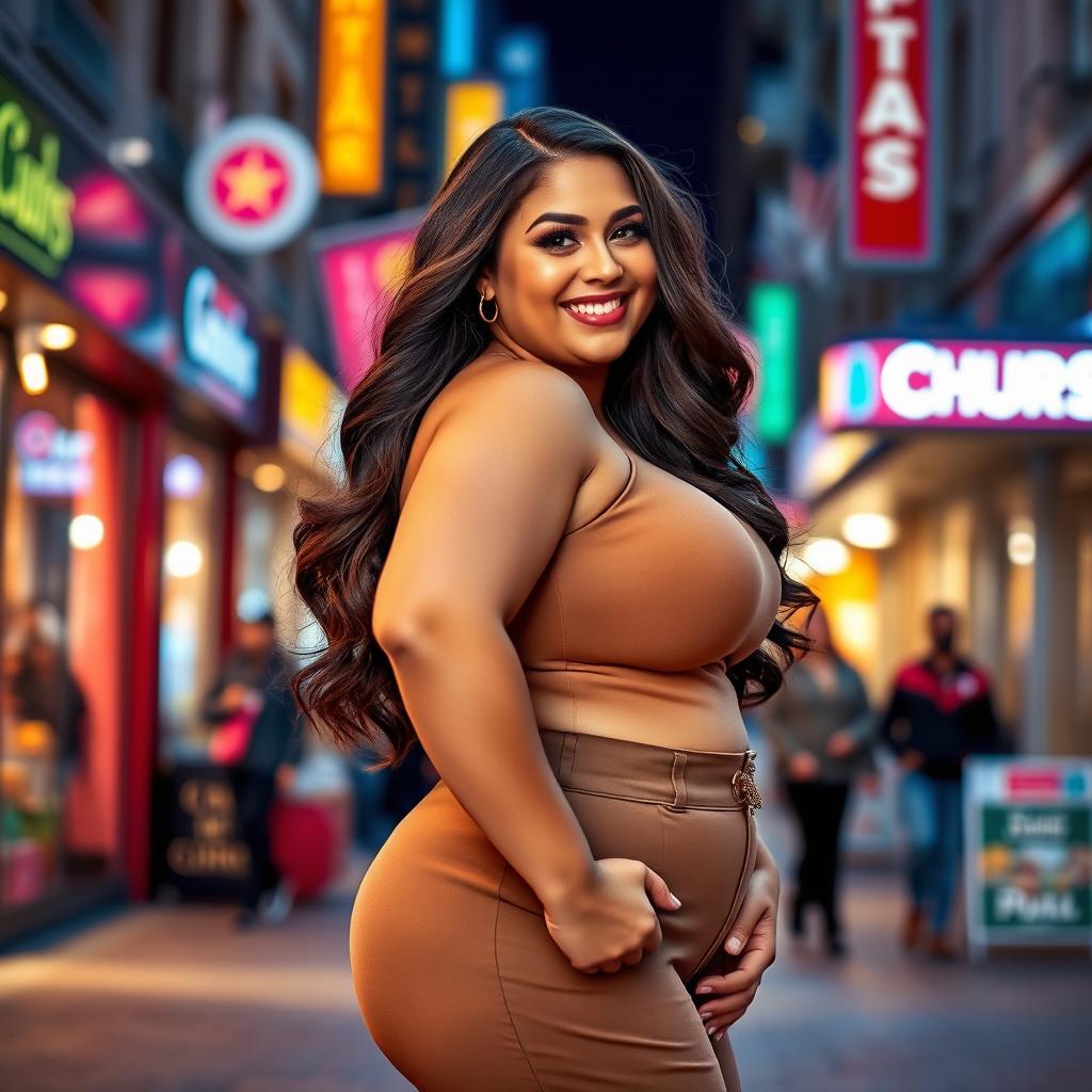 A curvy woman with a voluptuous figure, posing confidently in a stylish outfit that accentuates her curves
