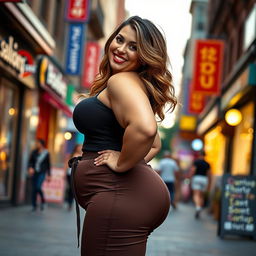 A curvy woman with a voluptuous figure, posing confidently in a stylish outfit that accentuates her curves