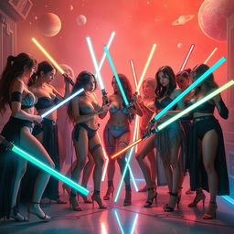 A vibrant and dynamic scene depicting an all-female assembly of Jedi and Sith engaging in a playful, intimate gathering, dressed in stylish and ornate lingerie