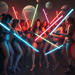 A vibrant and dynamic scene depicting an all-female assembly of Jedi and Sith engaging in a playful, intimate gathering, dressed in stylish and ornate lingerie
