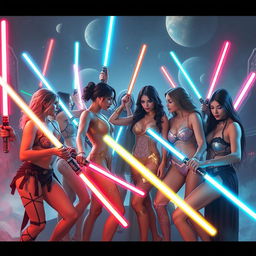 A vibrant and dynamic scene depicting an all-female assembly of Jedi and Sith engaging in a playful, intimate gathering, dressed in stylish and ornate lingerie