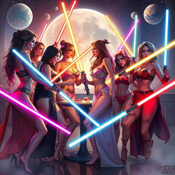 A vibrant and dynamic scene depicting an all-female assembly of Jedi and Sith engaging in a playful, intimate gathering, dressed in stylish and ornate lingerie