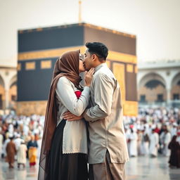 A romantic scene at the Kaaba in Mecca, featuring a hijabi girl in traditional attire with a red bra and panty visible underneath, and a Muslim boy also dressed in traditional clothing
