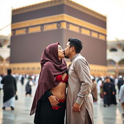 A romantic scene at the Kaaba in Mecca, featuring a hijabi girl in traditional attire with a red bra and panty visible underneath, and a Muslim boy also dressed in traditional clothing