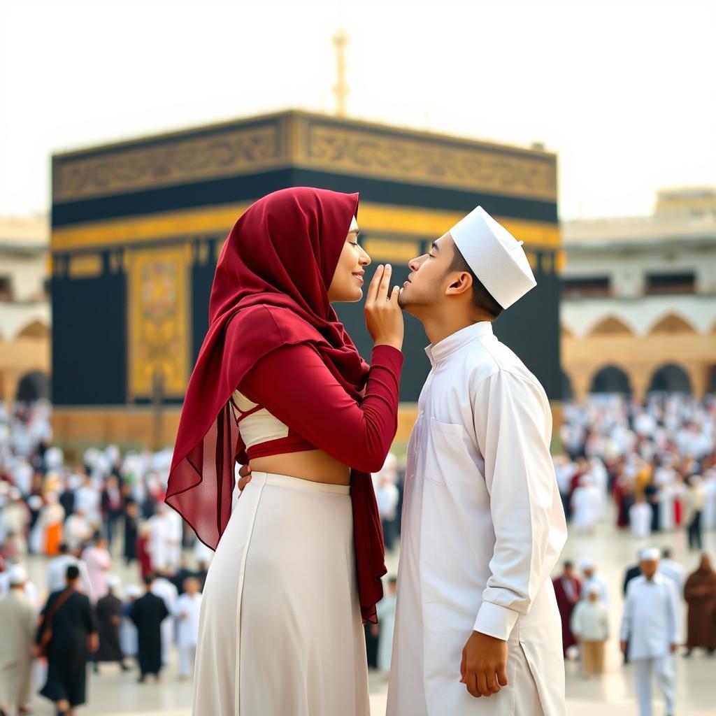 A romantic scene at the Kaaba in Mecca, featuring a hijabi girl in traditional attire with a red bra and panty visible underneath, and a Muslim boy also dressed in traditional clothing