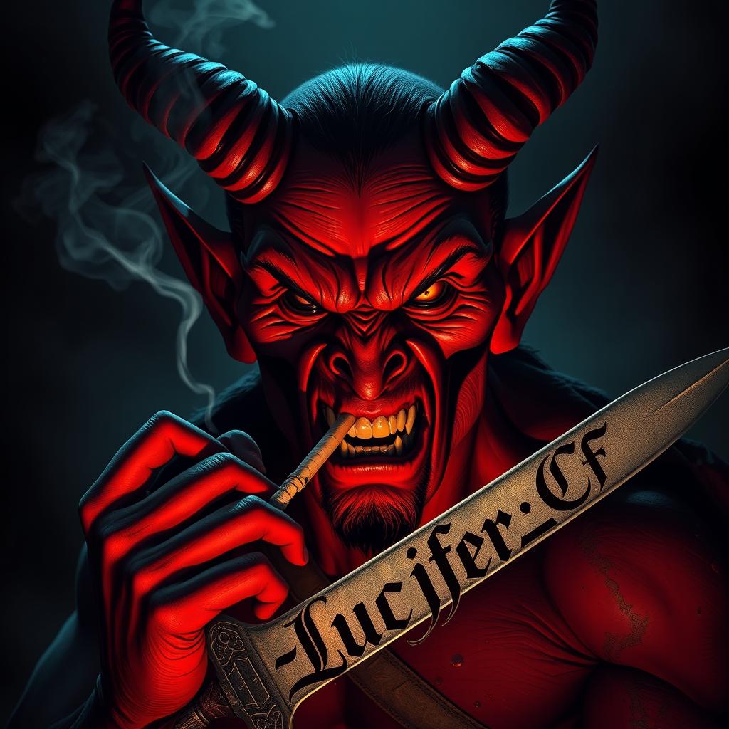 An intense image of a devil character smoking a cigarette while wielding a sword