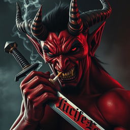 An intense image of a devil character smoking a cigarette while wielding a sword