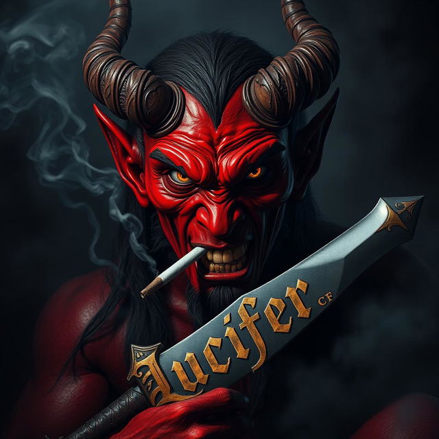 An intense image of a devil character smoking a cigarette while wielding a sword