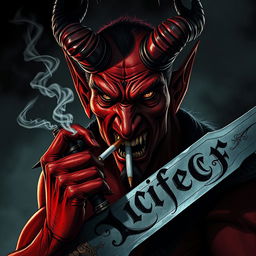 An intense image of a devil character smoking a cigarette while wielding a sword