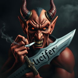 A striking image of a devil character smoking a cigarette while holding a formidable sword
