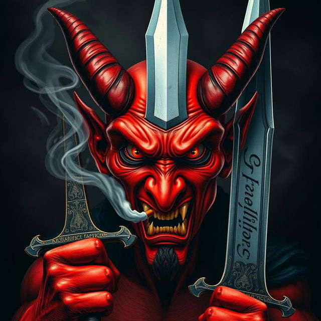 A striking image of a devil character smoking a cigarette while holding a formidable sword