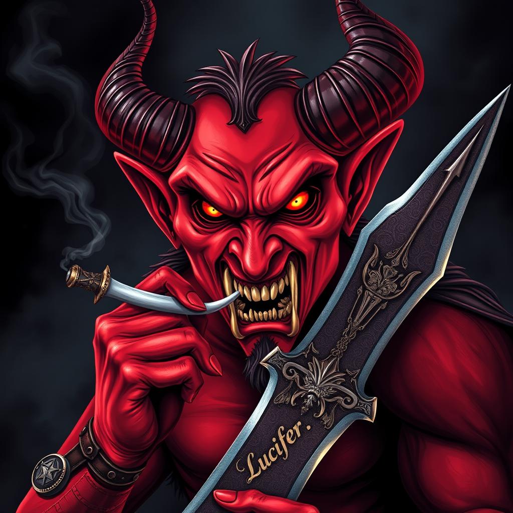 A striking image of a devil character smoking a cigarette while holding a formidable sword