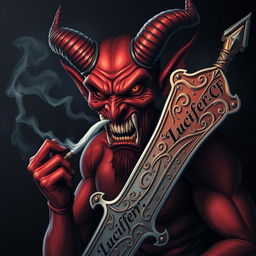 A striking image of a devil character smoking a cigarette while holding a formidable sword