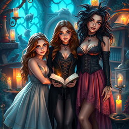 An imaginative scene featuring adult versions of Hermione Granger, Ginny Weasley, and Bellatrix Lestrange in a whimsical, magical setting inspired by the Harry Potter universe
