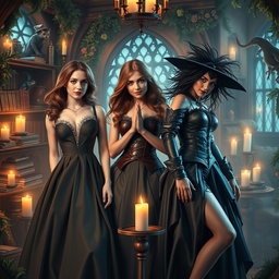 An imaginative scene featuring adult versions of Hermione Granger, Ginny Weasley, and Bellatrix Lestrange in a whimsical, magical setting inspired by the Harry Potter universe