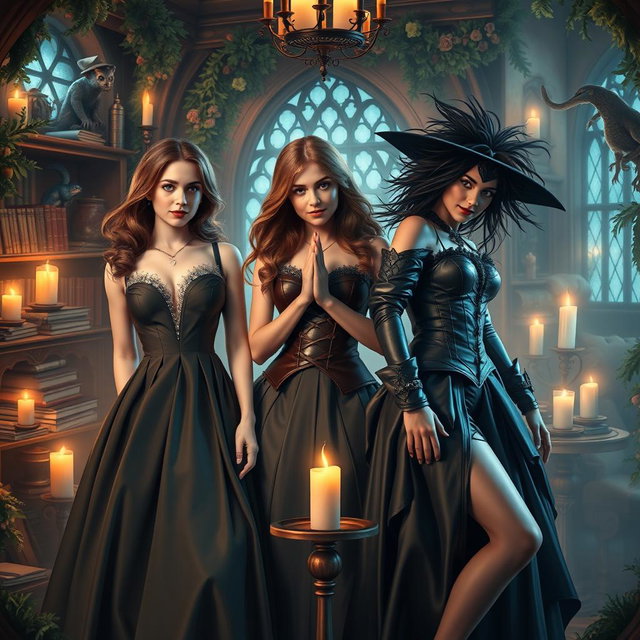 An imaginative scene featuring adult versions of Hermione Granger, Ginny Weasley, and Bellatrix Lestrange in a whimsical, magical setting inspired by the Harry Potter universe