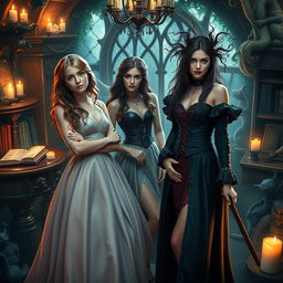 An imaginative scene featuring adult versions of Hermione Granger, Ginny Weasley, and Bellatrix Lestrange in a whimsical, magical setting inspired by the Harry Potter universe