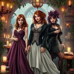 An imaginative scene featuring adult versions of Hermione Granger, Ginny Weasley, and Bellatrix Lestrange in a whimsical, magical setting inspired by the Harry Potter universe