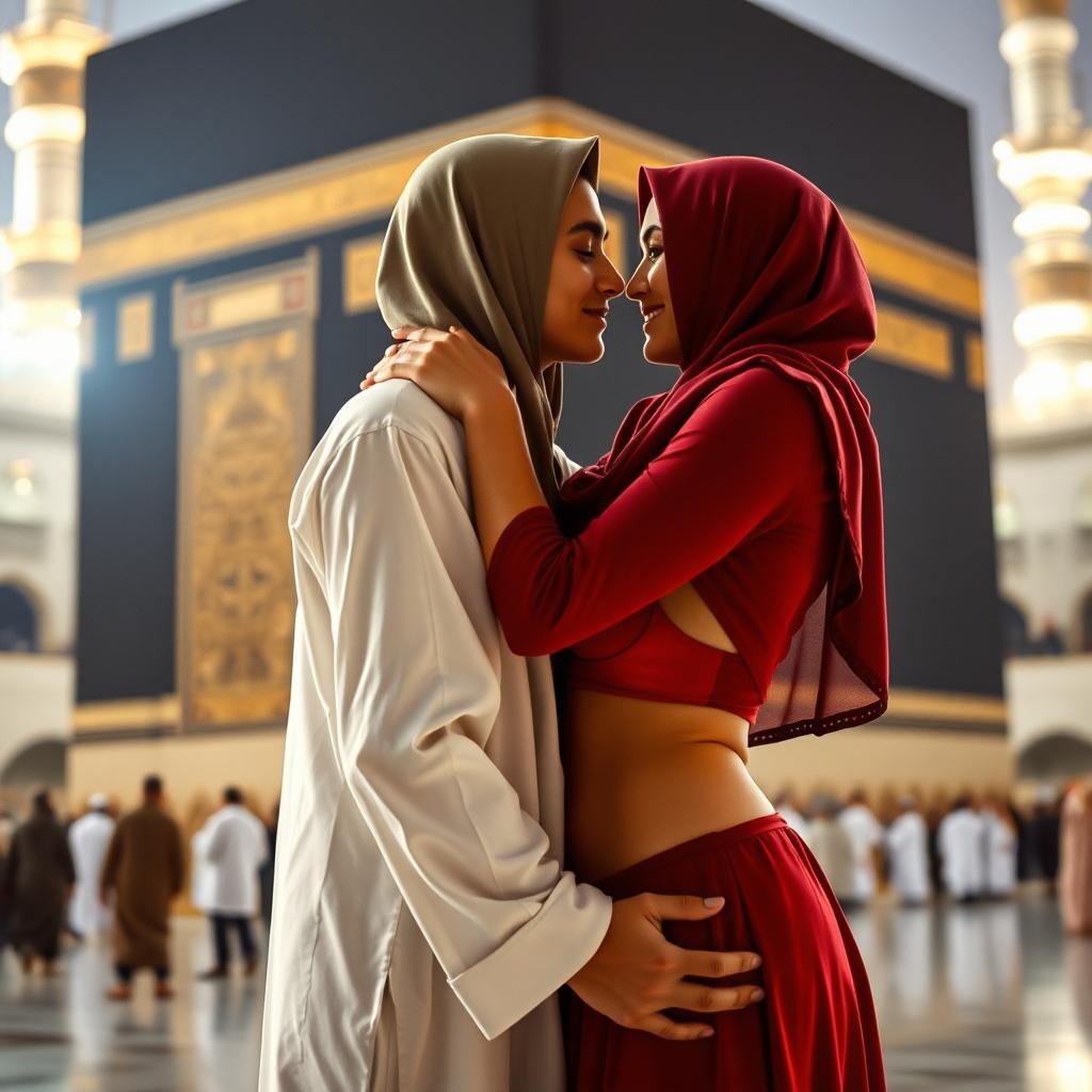 A beautifully intimate scene set at the Kaaba in Mecca, depicting a hijabi girl with a red bra and panty beneath her traditional attire, alongside a Muslim boy in traditional clothing