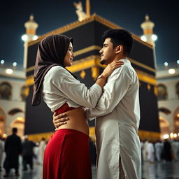 A beautifully intimate scene set at the Kaaba in Mecca, depicting a hijabi girl with a red bra and panty beneath her traditional attire, alongside a Muslim boy in traditional clothing