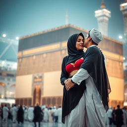 A beautifully intimate scene set at the Kaaba in Mecca, depicting a hijabi girl with a red bra and panty beneath her traditional attire, alongside a Muslim boy in traditional clothing