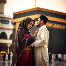 A beautifully intimate scene set at the Kaaba in Mecca, depicting a hijabi girl with a red bra and panty beneath her traditional attire, alongside a Muslim boy in traditional clothing