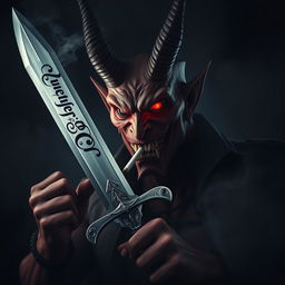 A dramatic representation of a devil character smoking a cigarette while brandishing a striking sword