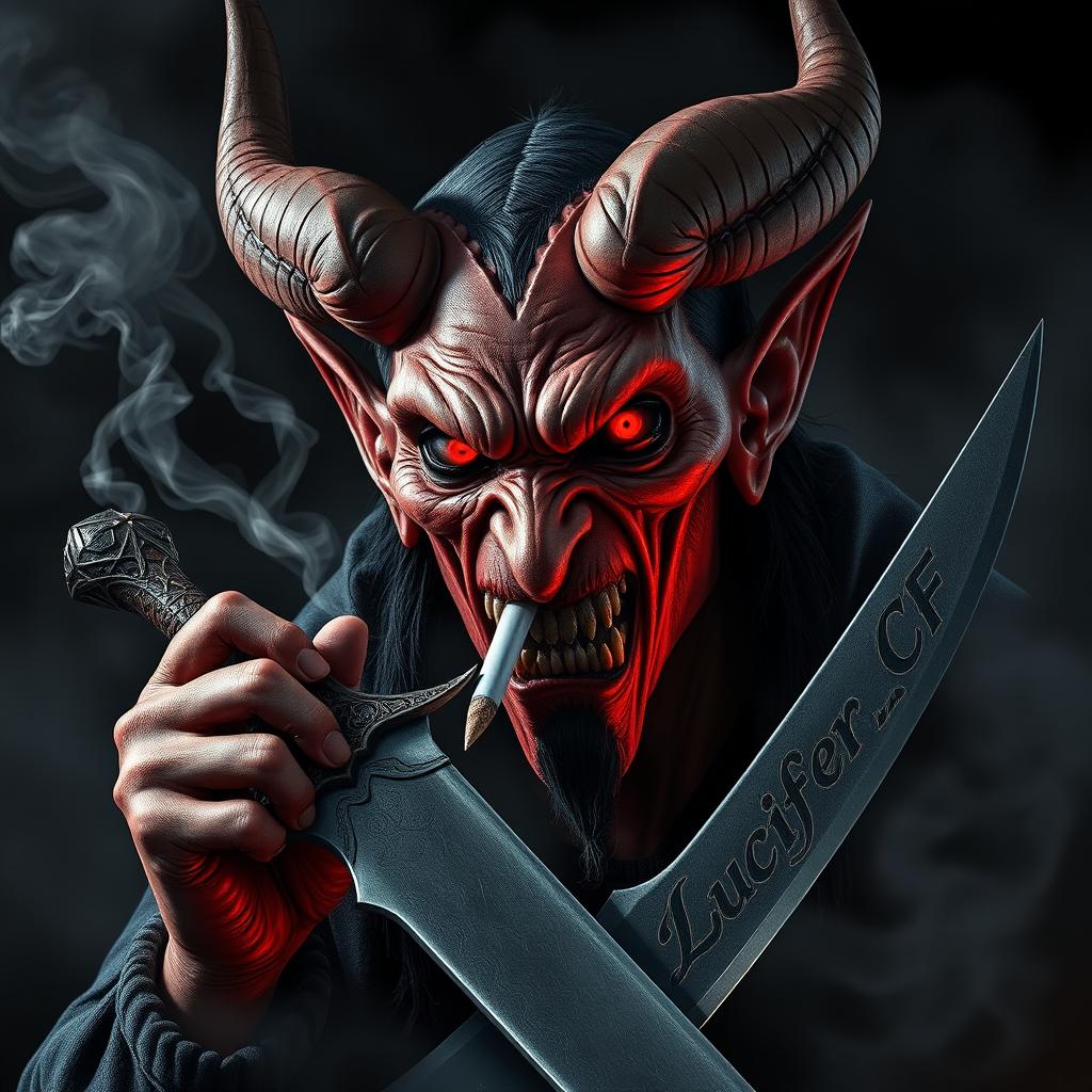 A dramatic representation of a devil character smoking a cigarette while brandishing a striking sword