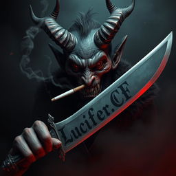 A dramatic representation of a devil character smoking a cigarette while brandishing a striking sword