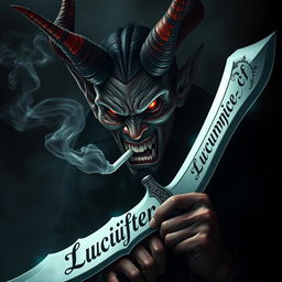 A dramatic representation of a devil character smoking a cigarette while brandishing a striking sword