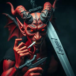 A captivating image of a devil character smoking a cigarette while holding an impressive sword