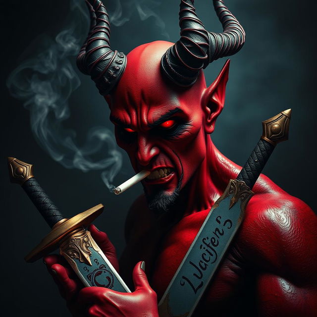 A captivating image of a devil character smoking a cigarette while holding an impressive sword