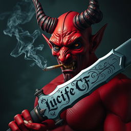 A captivating image of a devil character smoking a cigarette while holding an impressive sword