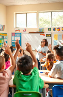 An engaging and vibrant classroom scene, showcasing a diverse group of students actively participating in a lesson led by an enthusiastic teacher at the front