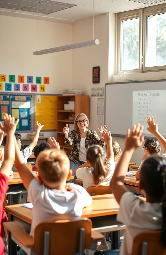 An engaging and vibrant classroom scene, showcasing a diverse group of students actively participating in a lesson led by an enthusiastic teacher at the front