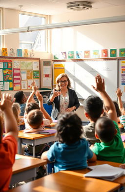 An engaging and vibrant classroom scene, showcasing a diverse group of students actively participating in a lesson led by an enthusiastic teacher at the front