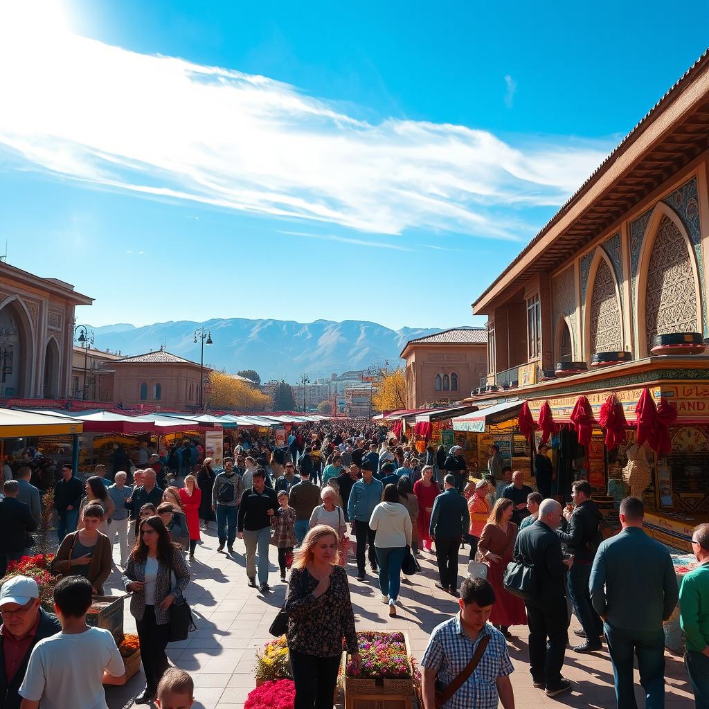 A vibrant and bustling Haft Hozeh Square in Tehran, showcasing lively crowds of people enjoying the day