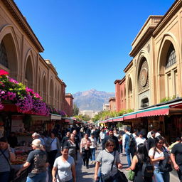 A vibrant and bustling Haft Hozeh Square in Tehran, showcasing lively crowds of people enjoying the day