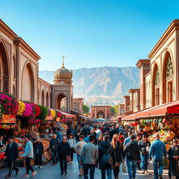 A vibrant and bustling Haft Hozeh Square in Tehran, showcasing lively crowds of people enjoying the day