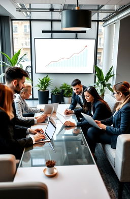A sleek, modern office setting with a diverse group of professionals engaged in business communication