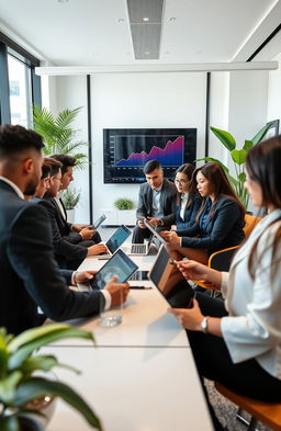A sleek, modern office setting with a diverse group of professionals engaged in business communication