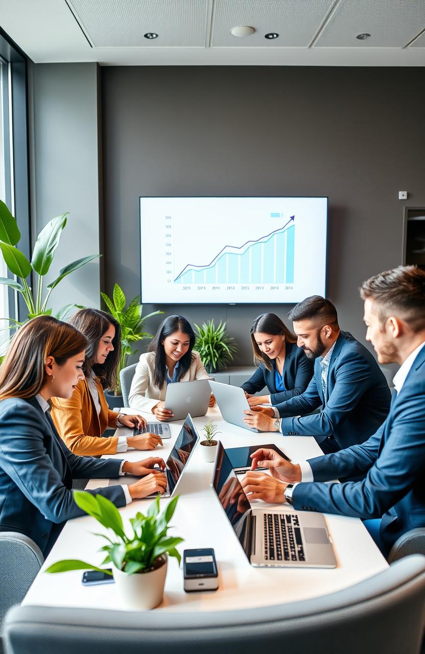 A sleek, modern office setting with a diverse group of professionals engaged in business communication