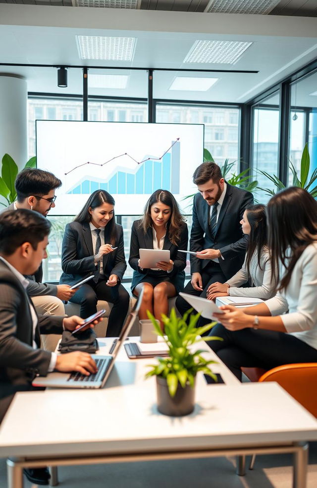 A sleek, modern office setting with a diverse group of professionals engaged in business communication