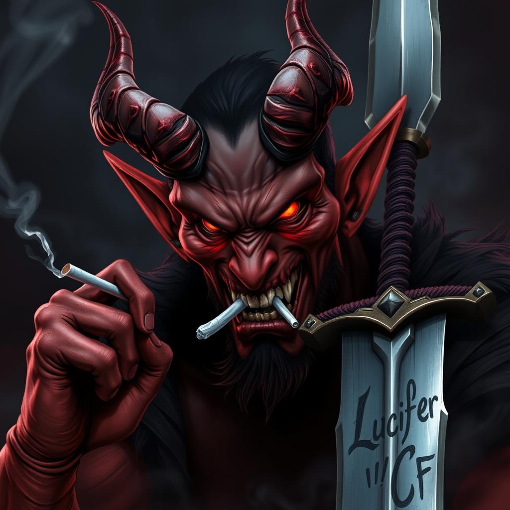 An intense depiction of a devil character smoking a cigarette and wielding a powerful sword