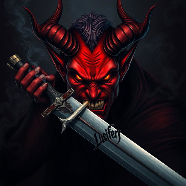 An intense depiction of a devil character smoking a cigarette and wielding a powerful sword