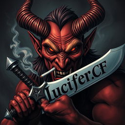An intense depiction of a devil character smoking a cigarette and wielding a powerful sword