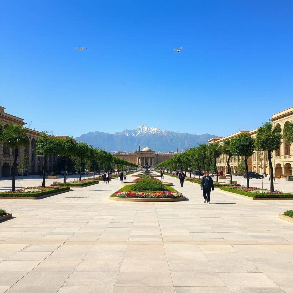 A serene and tranquil view of Haft Hozeh Square in Tehran, showcasing the square devoid of traffic